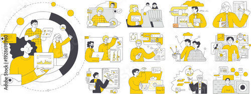 ector illustration of business analytics teamwork with charts, graphs, laptops, cloud computing, and digital collaboration showing modern data visualization and technology concepts