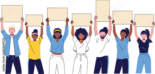 Diverse illustrated group holding blank protest signs overhead, symbolizing unity, activism, and collective expression in social movements and public demonstrations.