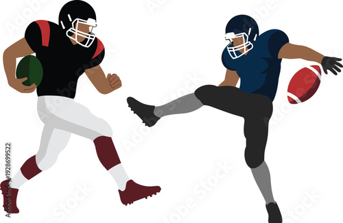 Dynamic American football action scene featuring two players in motion, one running with ball and one kicking, showcasing energy, teamwork, competition, and athletic sports performance.