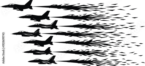 Abstract silhouette of fighter jets dissolving into fragments, symbolizing speed, motion, military aviation power, technology, transformation, and modern air force concept on white background