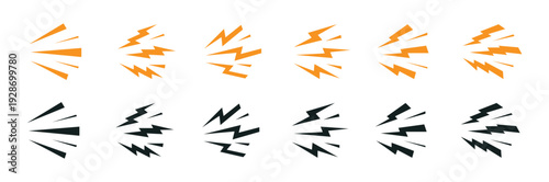 Energetic Lightning Shock Icons – Comic Electric Flashes, Action & Speed Effect Vector Collection.
