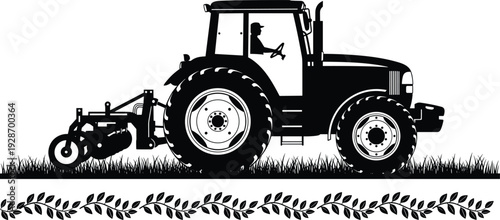 Agricultural tractor cultivating field with rotary tiller, modern farming machinery silhouette for rural agriculture, black and white vector illustration design