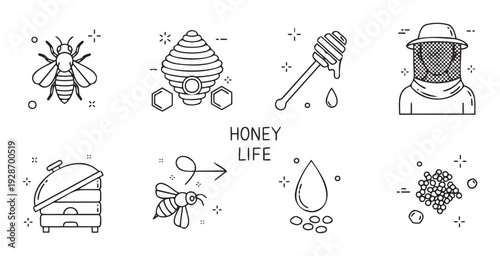 A comprehensive set of outline icons representing honey production and the fascinating life of bees, perfect for educational materials, packaging, and web graphics.