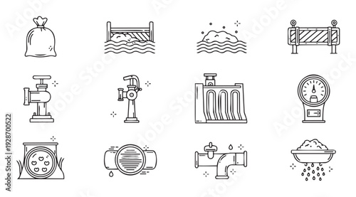 Collection of linear icons representing water management, pollution control, and sanitation infrastructure elements, useful for environmental projects, engineering presentations, and public