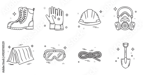 A comprehensive set of essential line icons featuring various safety and outdoor equipment including boots gloves hard hat gas mask tent goggles rope and shovel for protective design needs