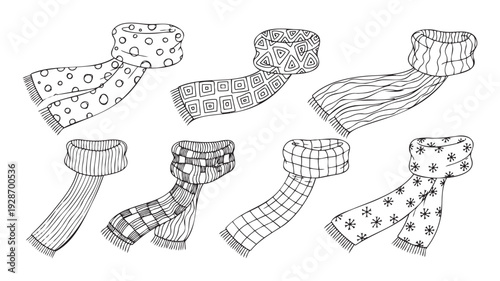 Collection of handdrawn winter scarves featuring diverse geometric shapes, polka dots, stripes, and snowflake motifs, perfect for seasonal product listings or cozy publications.