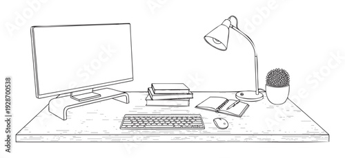 Modern work from home desk with computer, books, lamp, and plant providing a versatile visual for remote learning, digital content, or professional productivity concepts