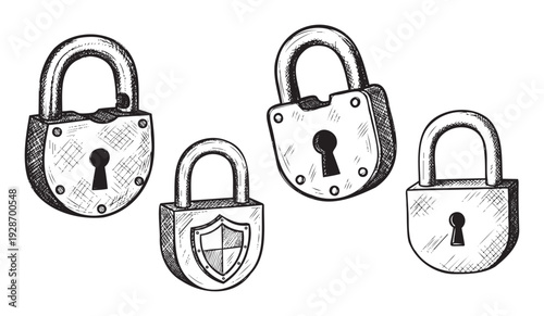 Collection of handdrawn padlocks symbolizing security and protection, ideal for graphic elements in cybersecurity applications, data privacy illustrations, or vintagethemed lock system