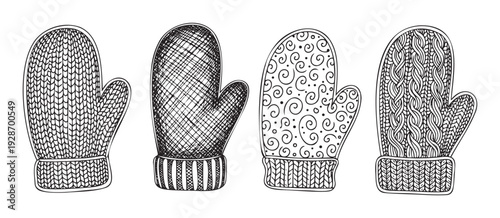 Warm winter mittens with diverse knitted textures and woven patterns are perfect for holiday season greeting cards and cozy apparel promotions.