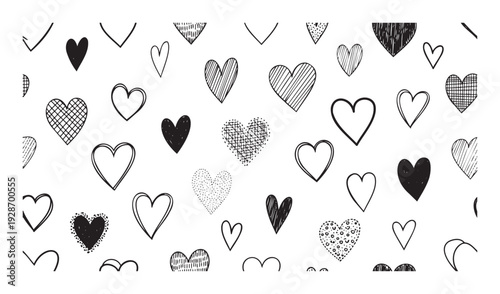 Decorative seamless background featuring black doodle hearts in diverse textures and outlines, suitable for textiles, wrapping paper, digital prints, and romantic occasion decorations.