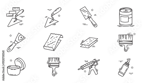 Collection of essential construction and renovation tools and materials icons providing a modern, simplified representation for building, home repair, and DIY project documentation.