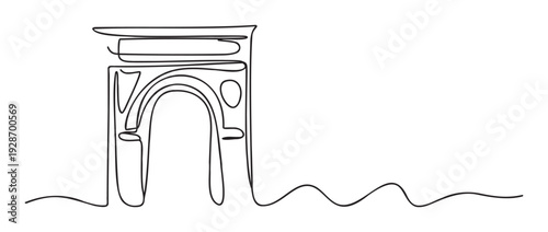 Continuous single line drawing of an abstract monumental arch structure depicting architectural grandeur and historical significance, perfect for modern graphic projects, educational
