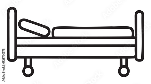 Line art representation of an empty hospital bed with wheels and pillow, suitable for healthcare industry materials, medical facility signage, or patient care informational documents and