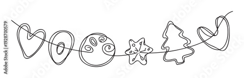 Continuous line drawing of festive holiday shapes including hearts, snowflakes, and a Christmas tree, perfect for seasonal greetings, winter celebrations, and cozy home decor