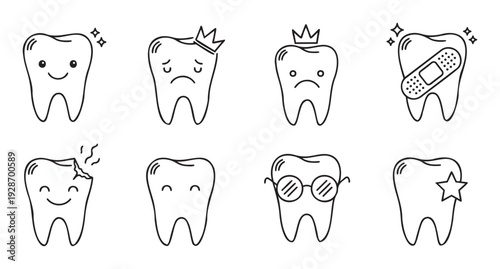 Cute dental characters expressing various emotions like happiness, sadness, and pain, depicting good and poor oral health for educational and promotional material related to dentistry.