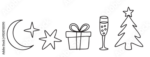 Hand drawn collection of festive holiday symbols including a crescent moon, stars, a gift box, champagne flute, and a Christmas tree ideal for New Year and seasonal events.