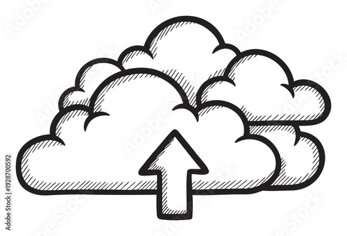 Stylized outline depiction of interconnected clouds with an upward pointing arrow representing secure digital information upload and remote data backup for modern application development