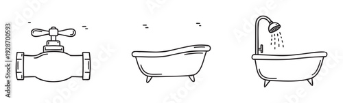 A collection of essential plumbing and bathroom fixtures presented as simple outline drawings suitable for various household and construction related projects