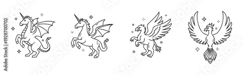 Collection of magical legendary creatures including winged unicorn, griffin, and phoenix in a simple black outline style suitable for various graphic projects and educational resources