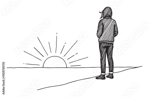 A hooded person stands on a gentle slope looking towards a glowing sunrise or sunset over the horizon, perfect for expressing introspection, new beginnings, or the tranquility of natural