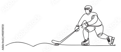 Dynamic one continuous line drawing of an ice hockey player actively stickhandling a puck on skates, perfect for sports event promotions, athletic club branding, or athletic lifestyle
