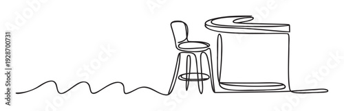 Modern minimalist single line drawing of a high bar stool and counter table ideal for contemporary interior design concepts or cafe restaurant branding visuals