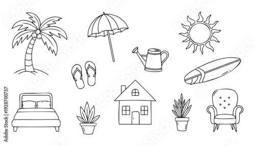A versatile assortment of common objects featuring holiday elements like a palm tree and surfboard, home essentials such as a bed and armchair, and garden tools like a watering can, ideal