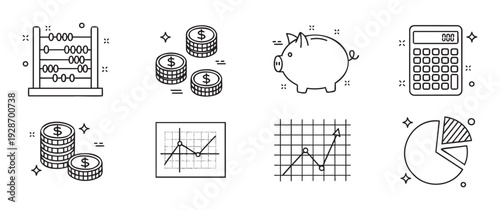 Commercial collection of finance and business analysis line icons, including abacus, dollar coins, piggy bank, calculator, and various data charts for economic planning and management.