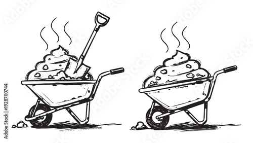 Wheelbarrows filled with steaming material and a shovel, depicted in a sketchy drawing style, perfect for construction, gardening, or humorous waste management themes