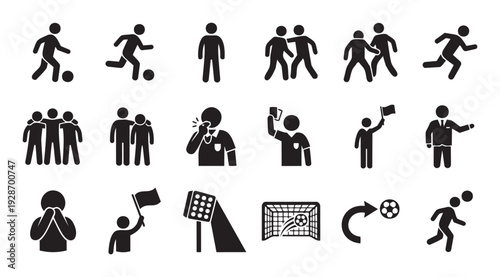 Comprehensive collection of soccer and football game icons illustrating various player actions, referee decisions, and essential stadium elements, ideal for sports event graphics and