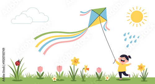 Young Girl Flying Colorful Kite in Field.