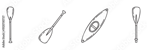A collection of simple line icons depicting various water sports equipment including single bladed paddles and a kayak, useful for promoting outdoor recreation, adventure travel, or summer