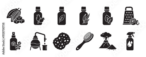 Collection of natural cosmetic ingredients and beauty products silhouettes for organic skincare, essential oil production, herbal remedies, and homemade self care applications.