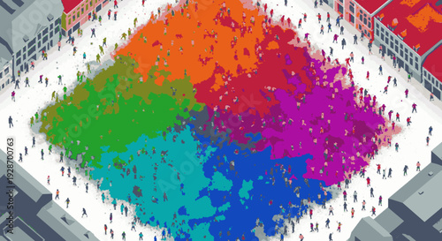 Vibrant crowd gathers in city square colorful abstract illustration of people
