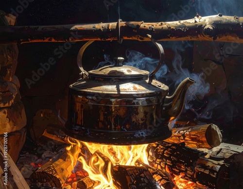 A rustic iron kettle hanging over an open fire