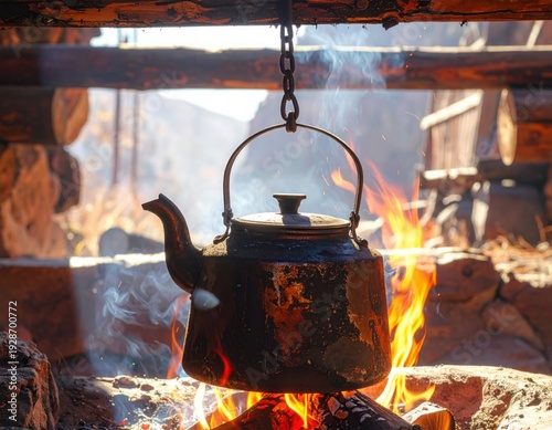 A rustic iron kettle hanging over an open fire