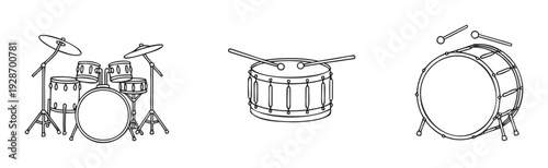 A collection of musical drum instruments in simple outline style perfect for graphic resources, music school materials, or entertainment event flyers and posters.