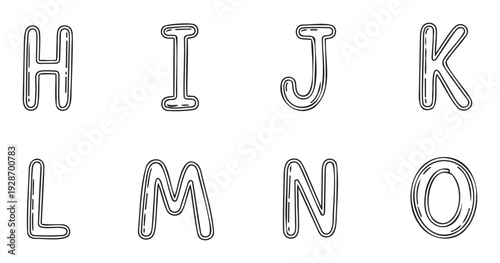 Bold outline uppercase alphabet letters from H to O in a fun handdrawn doodle style, perfect for childrens learning materials, educational books, or playful graphic projects.