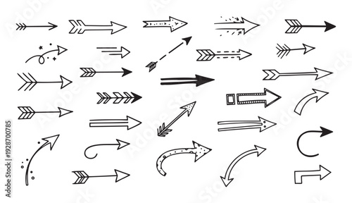 A versatile collection of hand drawn doodle arrows pointing in various directions and styles, ideal for graphic projects, infographics, user interfaces, or instructional materials.