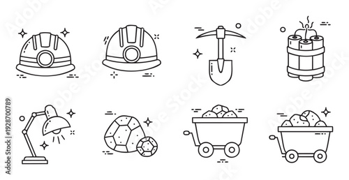 Essential mining industry vector icons featuring hard hats, pickaxes, shovels, dynamite, valuable gemstones, and mine carts filled with ore, perfect for geological exploration business