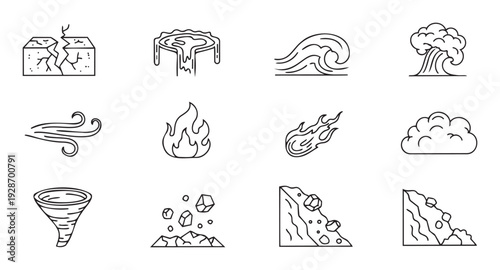 Collection of linear nature catastrophe icons and weather disasters for educational presentations, mobile applications, website UI, or environmental risk management graphic projects and