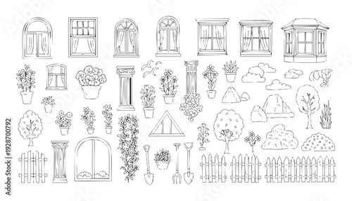 A comprehensive collection of handdrawn windows, diverse potted plants, various fences, essential gardening tools, and natural landscape elements for graphic projects and creative