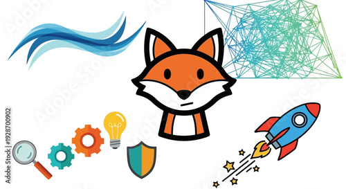 Cartoon Fox Character with Technology Symbols.