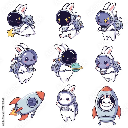 Funny cartoon rabbit astronout vector set cute animal characters illustration