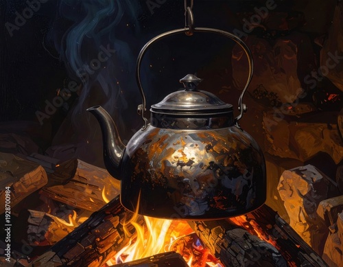 A rustic iron kettle hanging over an open fire