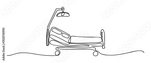 Single continuous line drawing of a modern hospital bed with an adjustable frame and an attached medical lamp, ideal for healthcare presentations and medical facility advertisements.