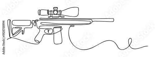 Striking single line contour of a modern sniper rifle equipped with a scope, ideal for educational material about firearms or tactical equipment brochures.