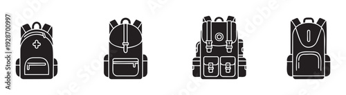 Diverse collection of black silhouette backpack icons suitable for adventure travel school and outdoor activity related digital projects and print media applications