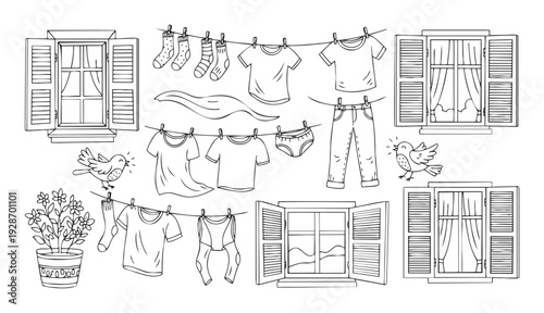 Black and white doodle of domestic items like open windows, fresh laundry drying on a rope, chirping songbirds, and a blooming flowerpot for home activity concepts.