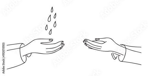 Simple line drawing depicting two hands cupped together to catch falling raindrops, symbolizing water conservation and environmental protection, useful for ecological projects and campaigns.